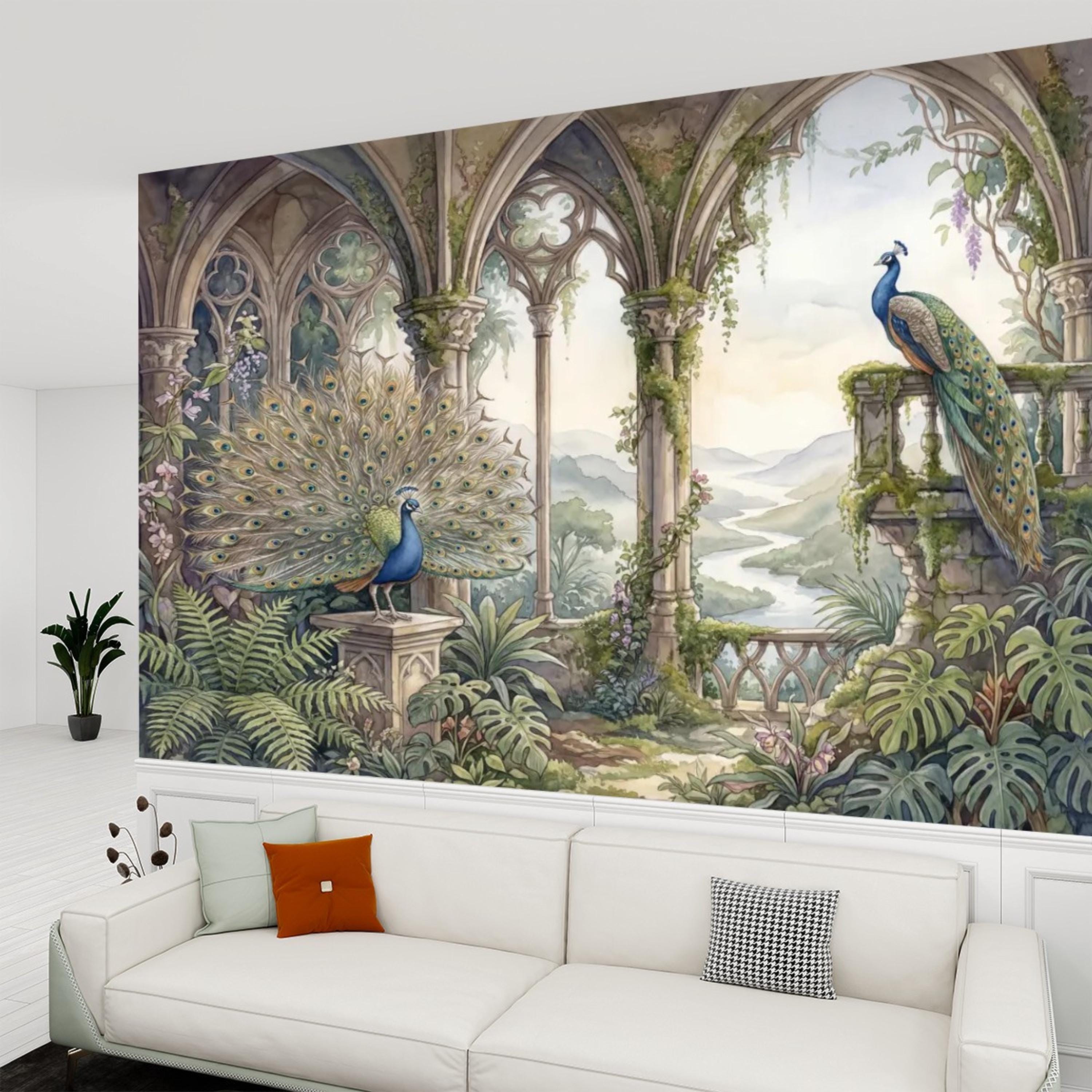 Luxury Peacock Garden Peel and Stick Wall Mural, Romantic Gothic Arch Landscape with Tropical Botanicals, Elegant Chinoiserie Wallpaper