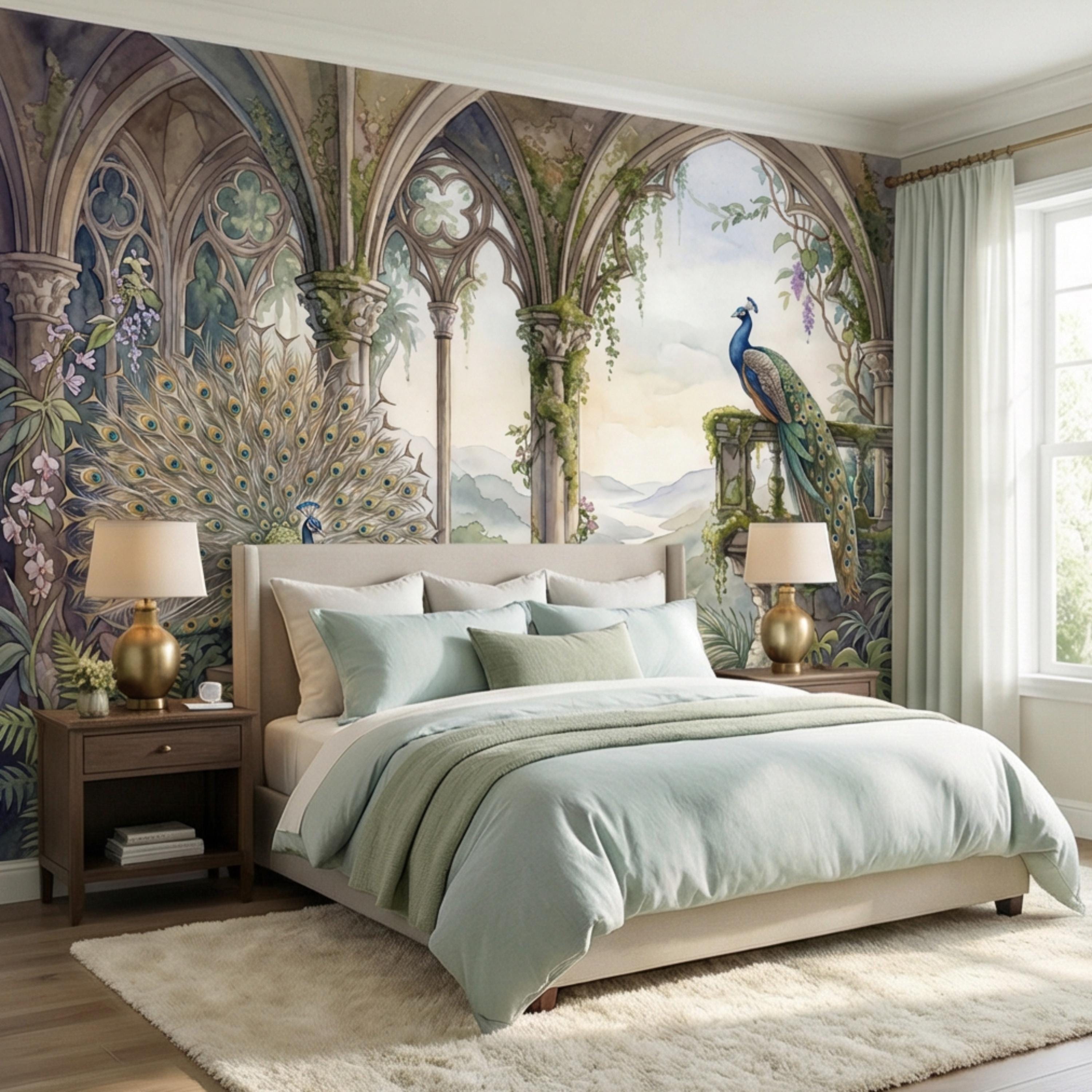 Luxury Peacock Garden Peel and Stick Wall Mural, Romantic Gothic Arch Landscape with Tropical Botanicals, Elegant Chinoiserie Wallpaper