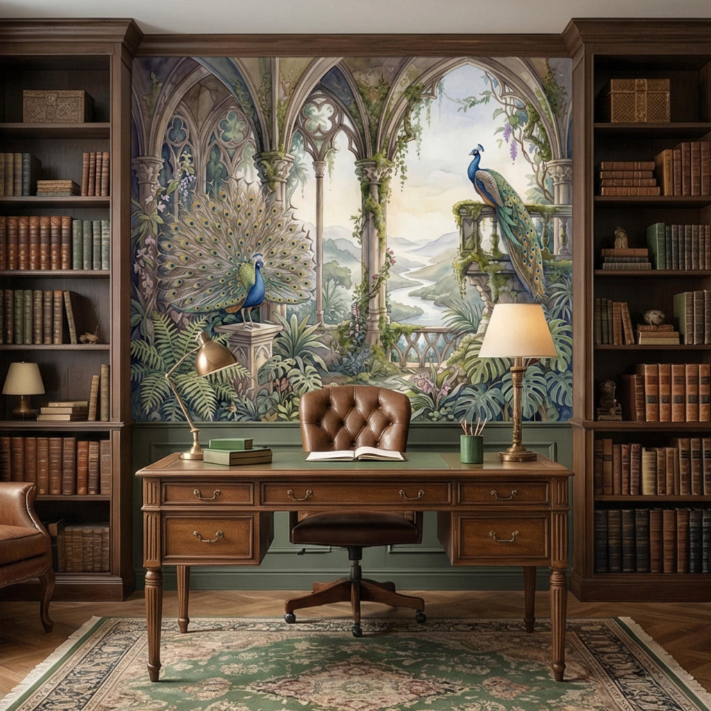 Luxury Peacock Garden Peel and Stick Wall Mural, Romantic Gothic Arch Landscape with Tropical Botanicals, Elegant Chinoiserie Wallpaper