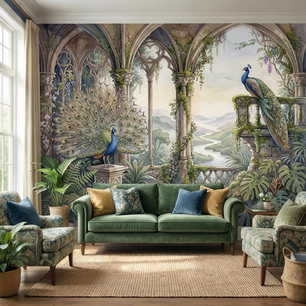 Luxury Peacock Garden Peel and Stick Wall Mural, Romantic Gothic Arch Landscape with Tropical Botanicals, Elegant Chinoiserie Wallpaper