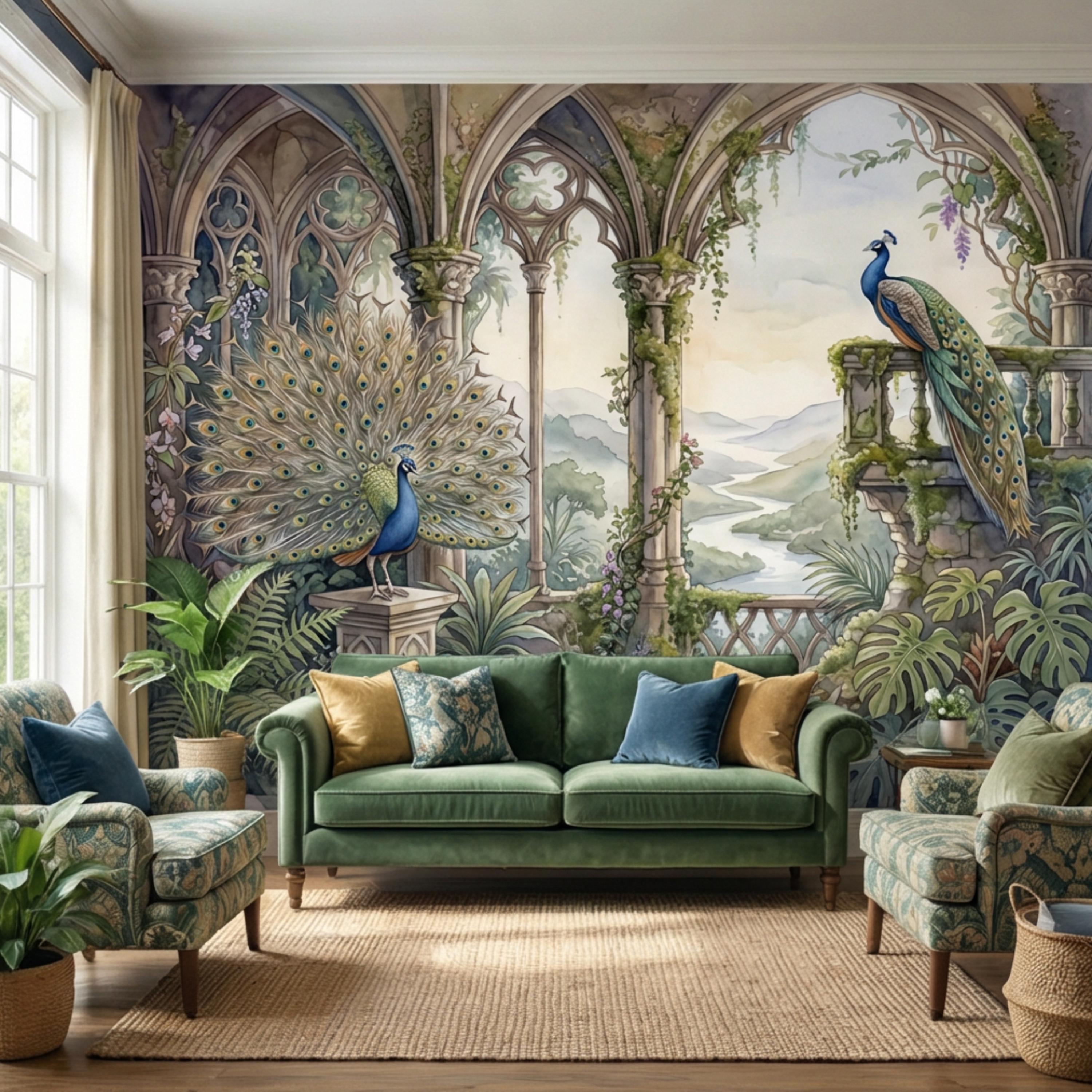 Luxury Peacock Garden Peel and Stick Wall Mural, Romantic Gothic Arch Landscape with Tropical Botanicals, Elegant Chinoiserie Wallpaper