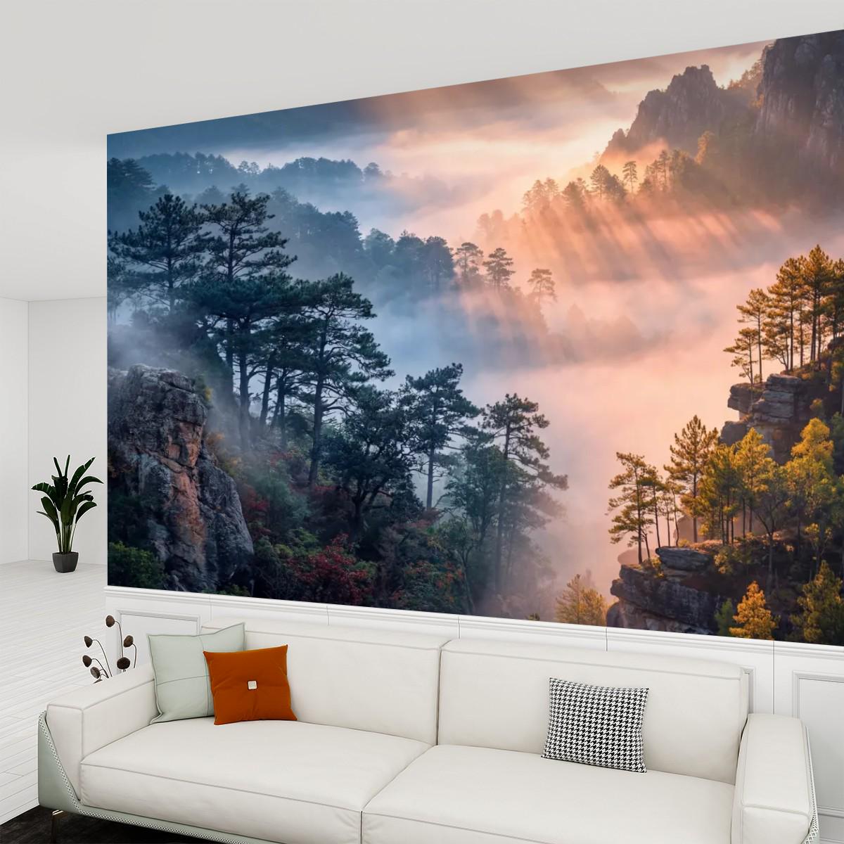 Misty Mountain Forest Peel and Stick Wall Mural, Dramatic Cliffside Pine Landscape with Golden Sun Rays, Moody Nature Wallpaper