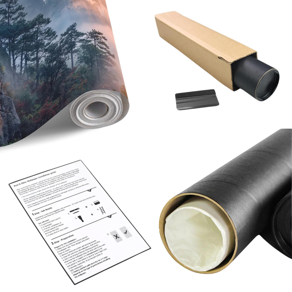 Misty Mountain Forest Peel and Stick Wall Mural, Dramatic Cliffside Pine Landscape with Golden Sun Rays, Moody Nature Wallpaper