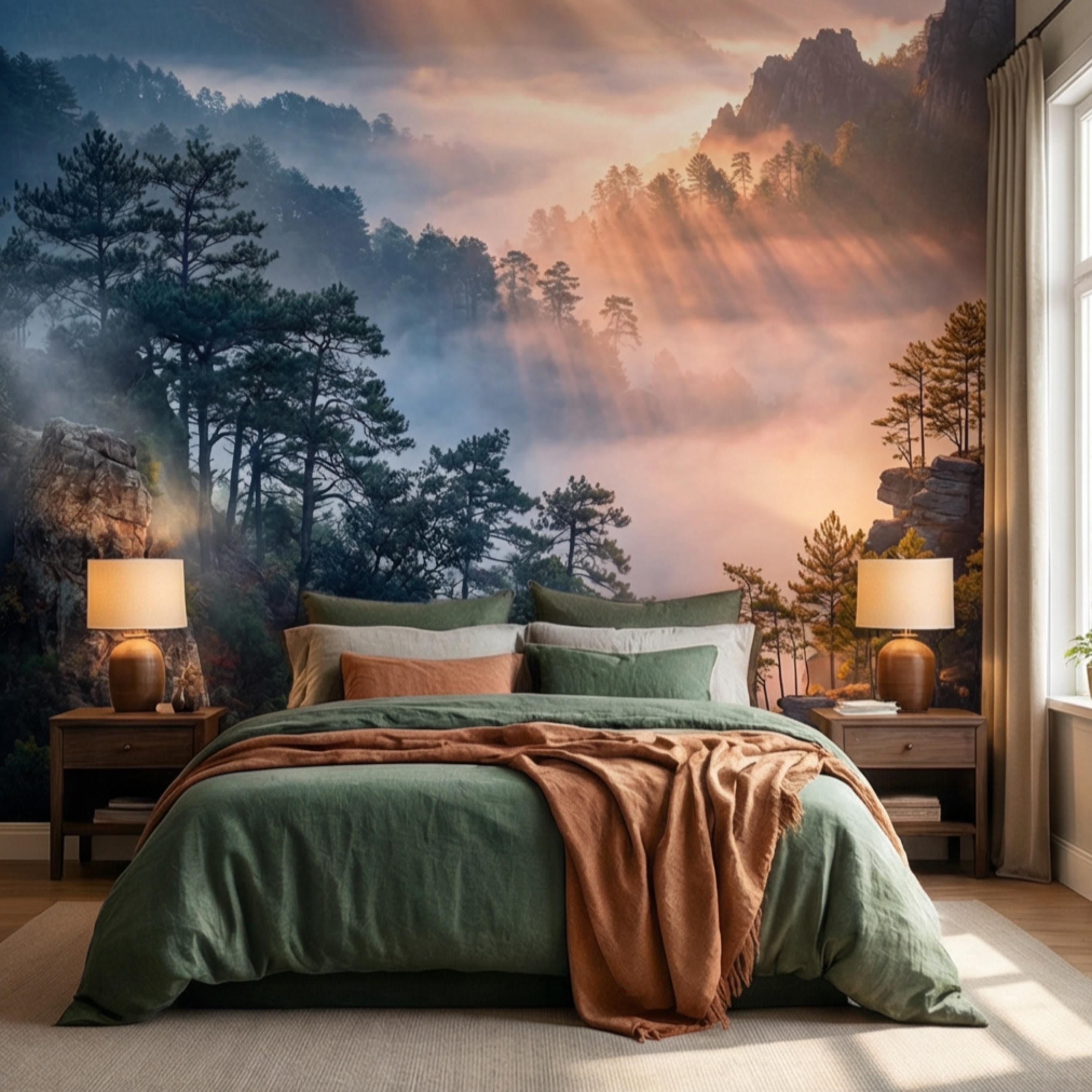 Misty Mountain Forest Peel and Stick Wall Mural, Dramatic Cliffside Pine Landscape with Golden Sun Rays, Moody Nature Wallpaper