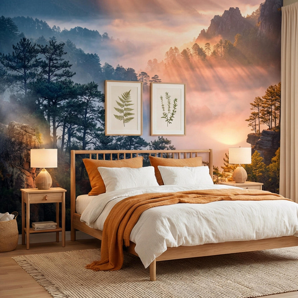 Misty Mountain Forest Peel and Stick Wall Mural, Dramatic Cliffside Pine Landscape with Golden Sun Rays, Moody Nature Wallpaper