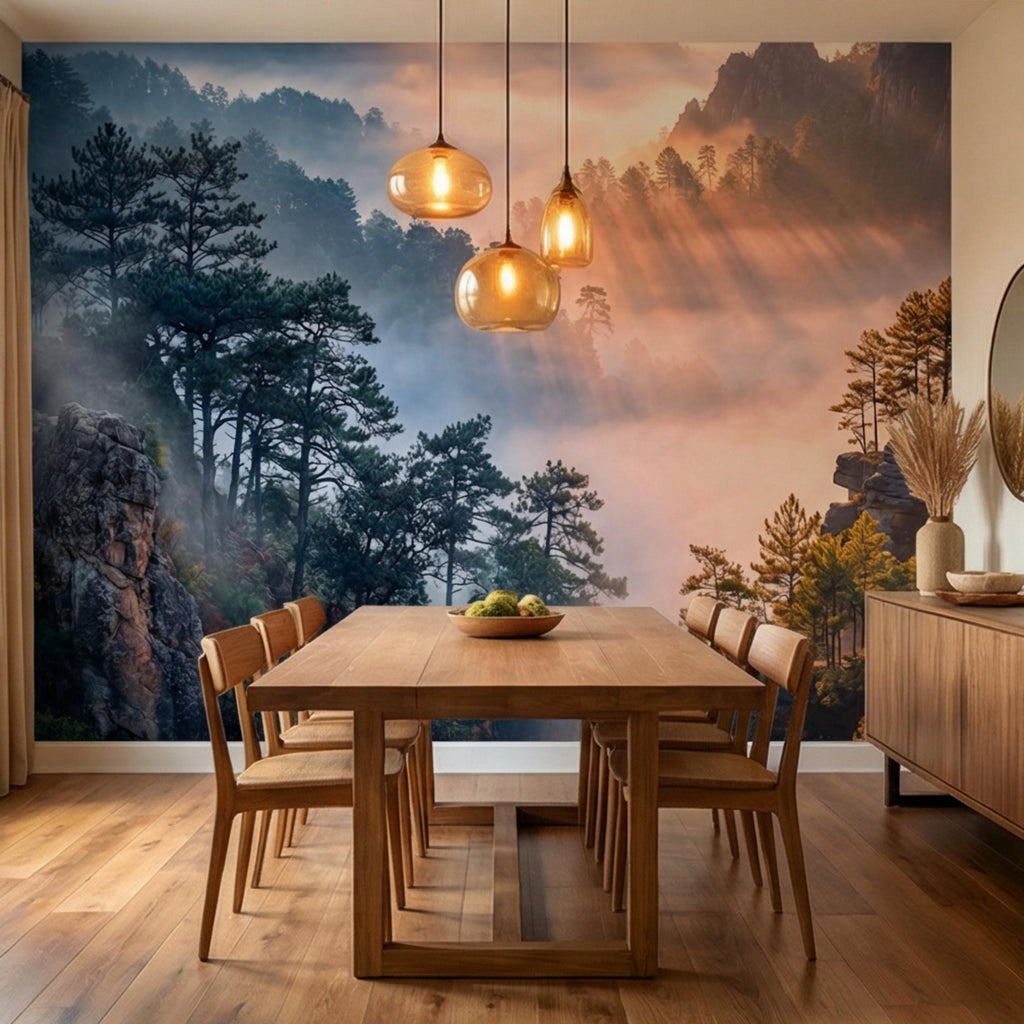 Misty Mountain Forest Peel and Stick Wall Mural, Dramatic Cliffside Pine Landscape with Golden Sun Rays, Moody Nature Wallpaper