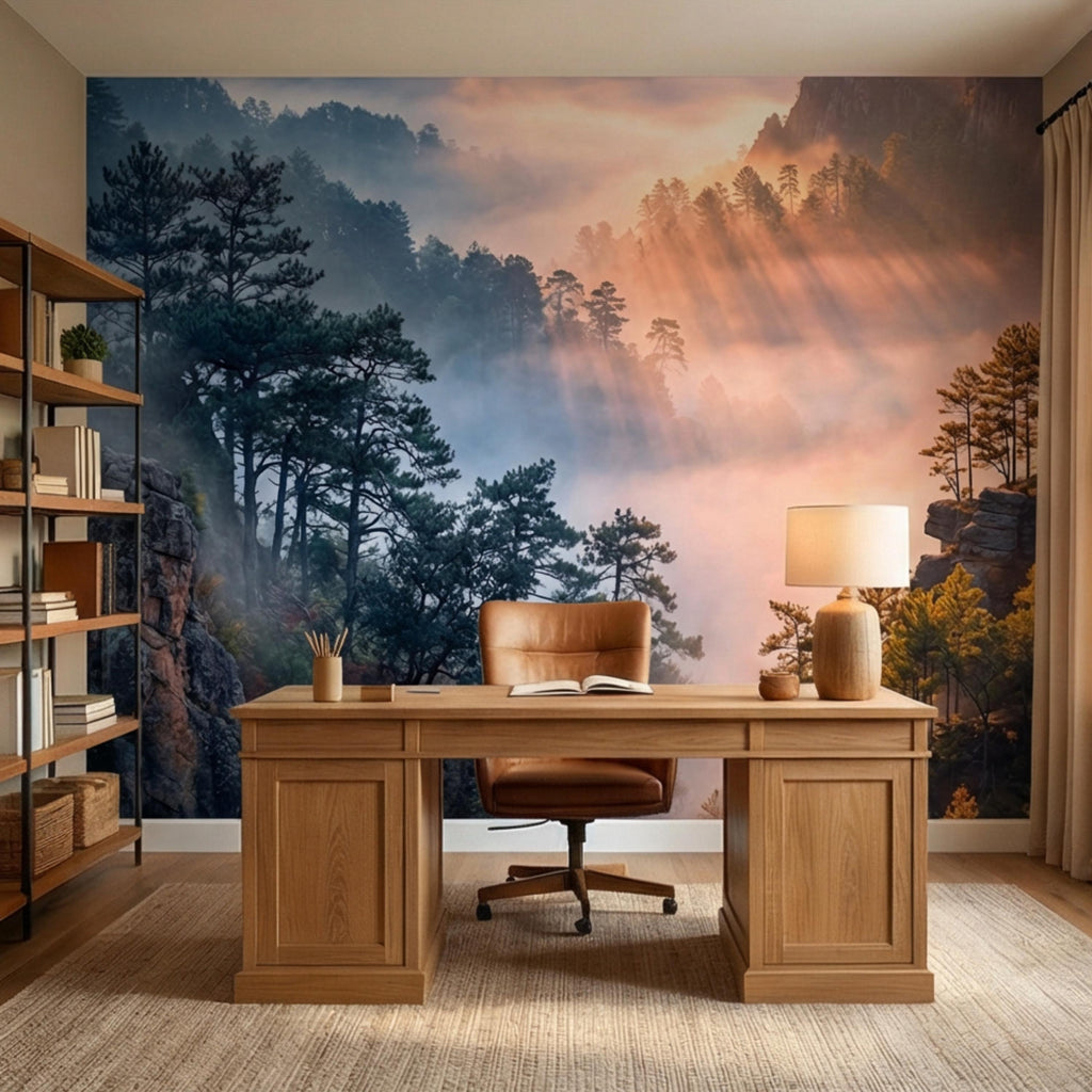 Misty Mountain Forest Peel and Stick Wall Mural, Dramatic Cliffside Pine Landscape with Golden Sun Rays, Moody Nature Wallpaper