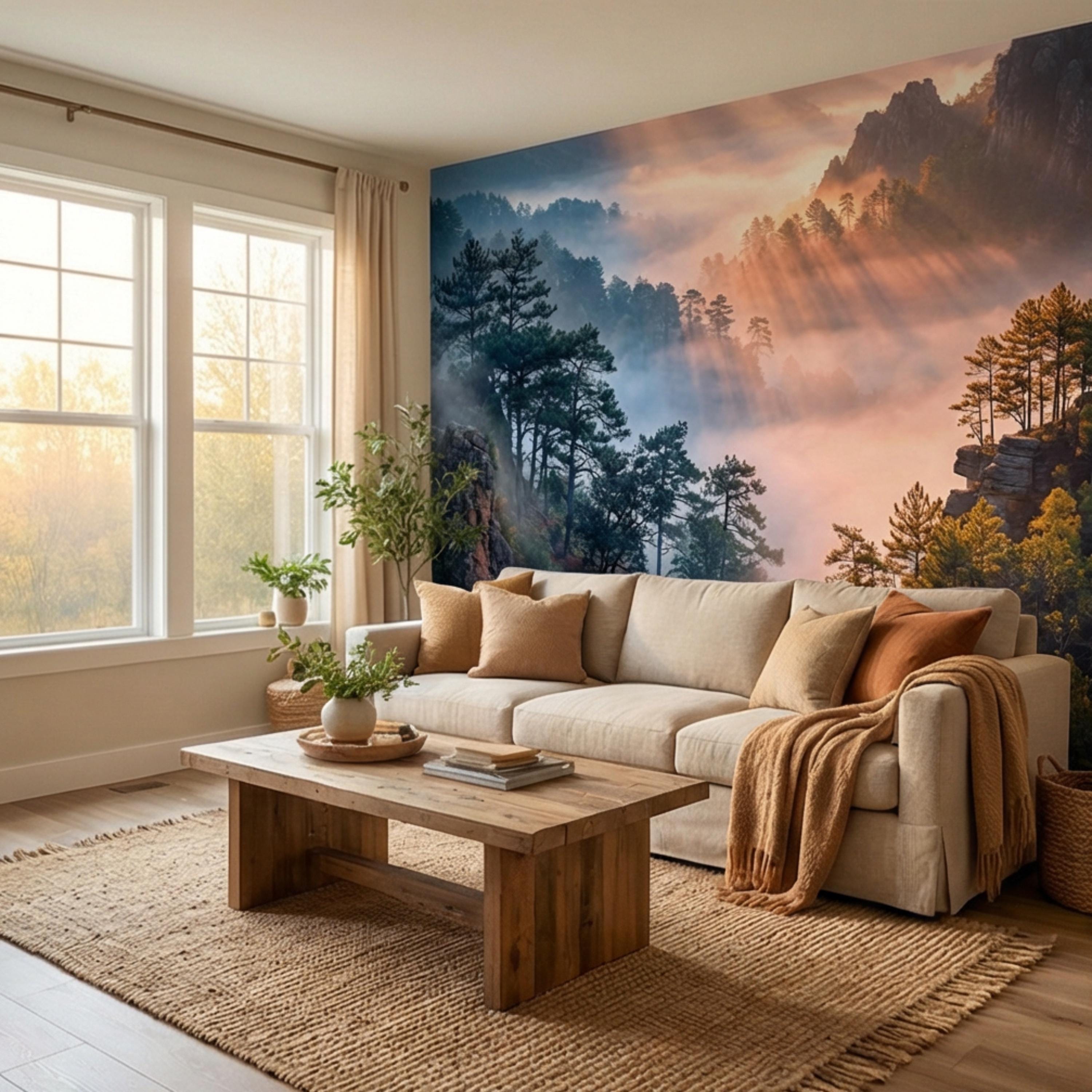 Misty Mountain Forest Peel and Stick Wall Mural, Dramatic Cliffside Pine Landscape with Golden Sun Rays, Moody Nature Wallpaper