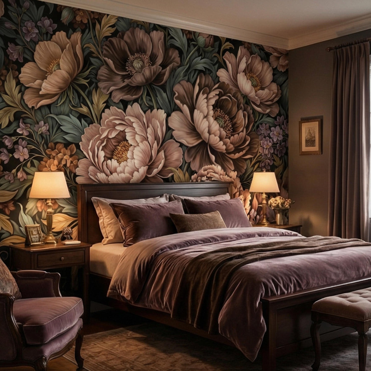 Floral peony wall mural with layered taupe and blush flowers on dark sage botanical pattern
