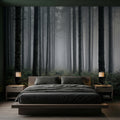 Misty Pine Forest Peel and Stick Wall Mural, Moody Evergreen Woodland Fog Landscape Wallpaper, Dark Nature Statement Wall Decor