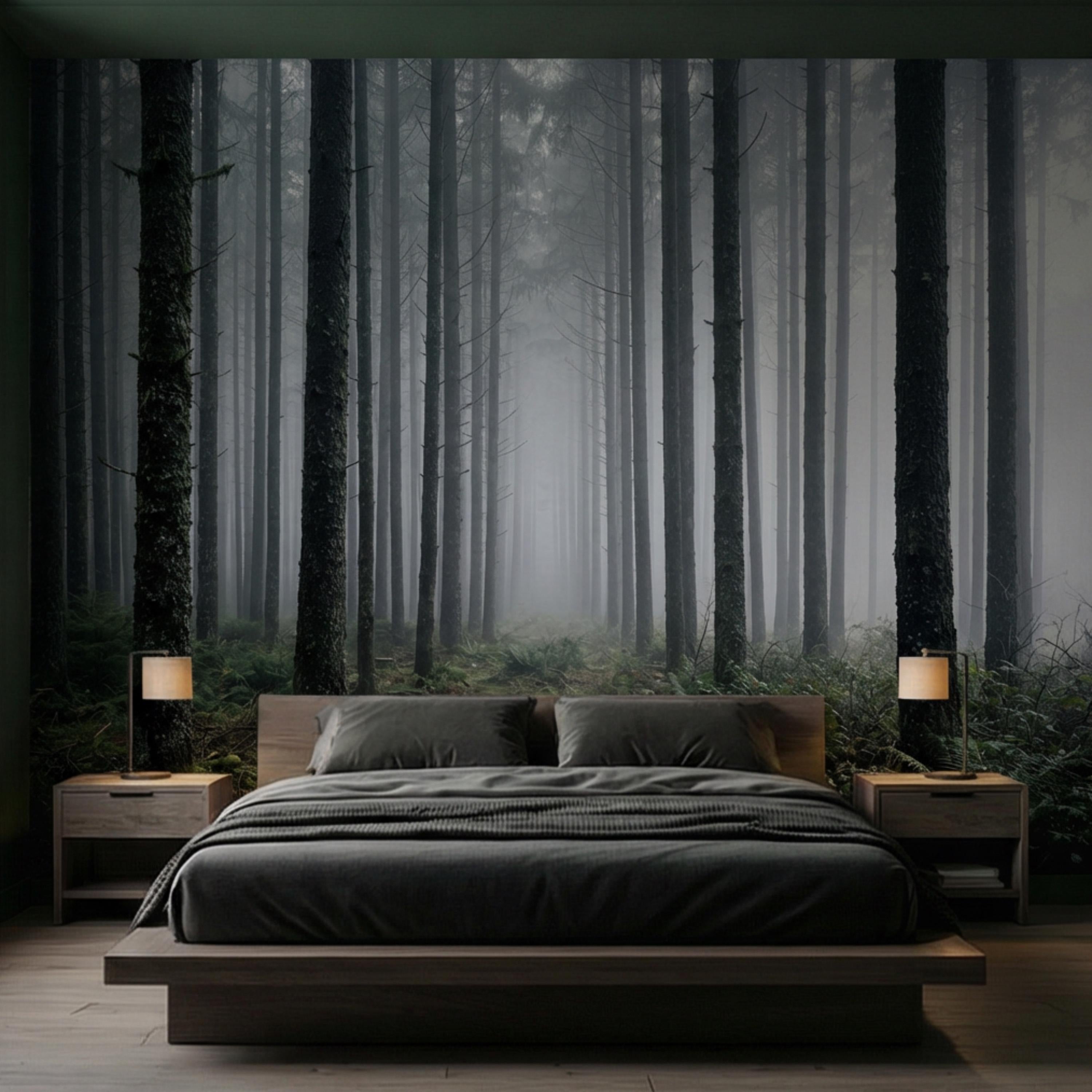 Misty Pine Forest Peel and Stick Wall Mural, Moody Evergreen Woodland Fog Landscape Wallpaper, Dark Nature Statement Wall Decor