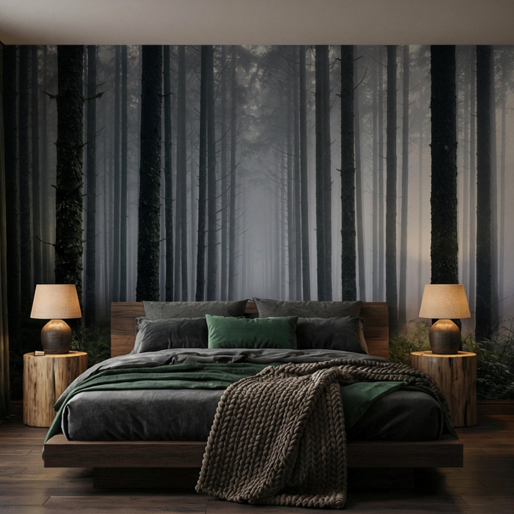 Misty Pine Forest Peel and Stick Wall Mural, Moody Evergreen Woodland Fog Landscape Wallpaper, Dark Nature Statement Wall Decor