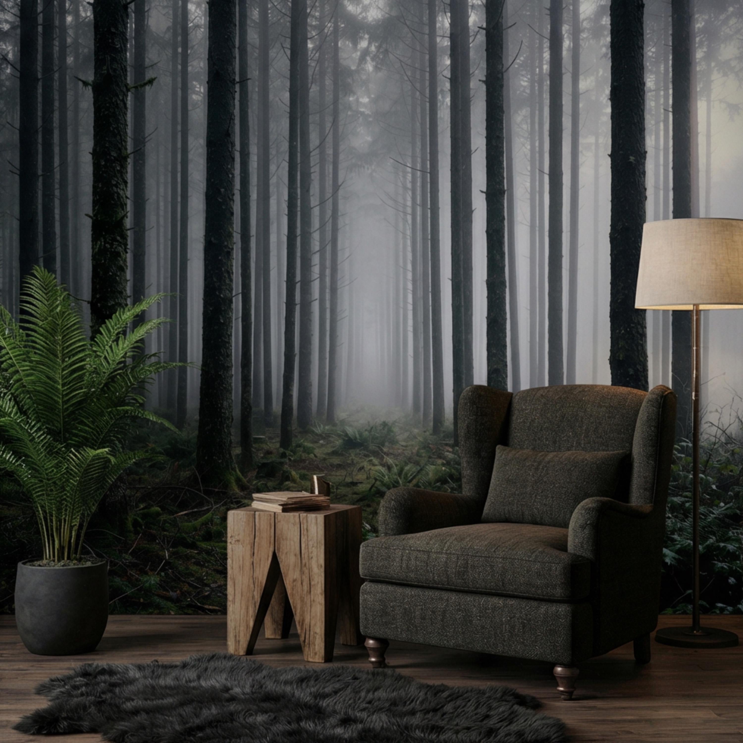 Misty Pine Forest Peel and Stick Wall Mural, Moody Evergreen Woodland Fog Landscape Wallpaper, Dark Nature Statement Wall Decor