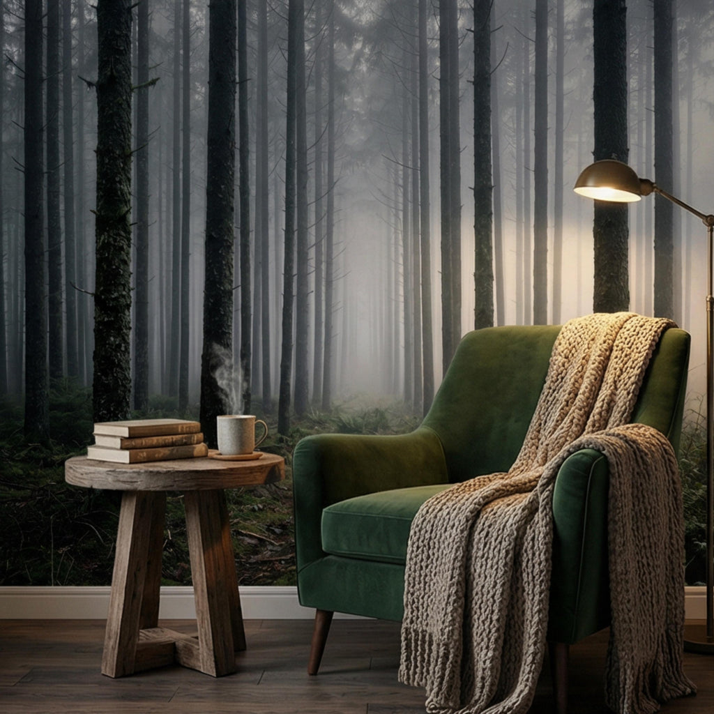 Misty Pine Forest Peel and Stick Wall Mural, Moody Evergreen Woodland Fog Landscape Wallpaper, Dark Nature Statement Wall Decor