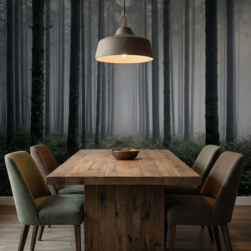 Misty Pine Forest Peel and Stick Wall Mural, Moody Evergreen Woodland Fog Landscape Wallpaper, Dark Nature Statement Wall Decor