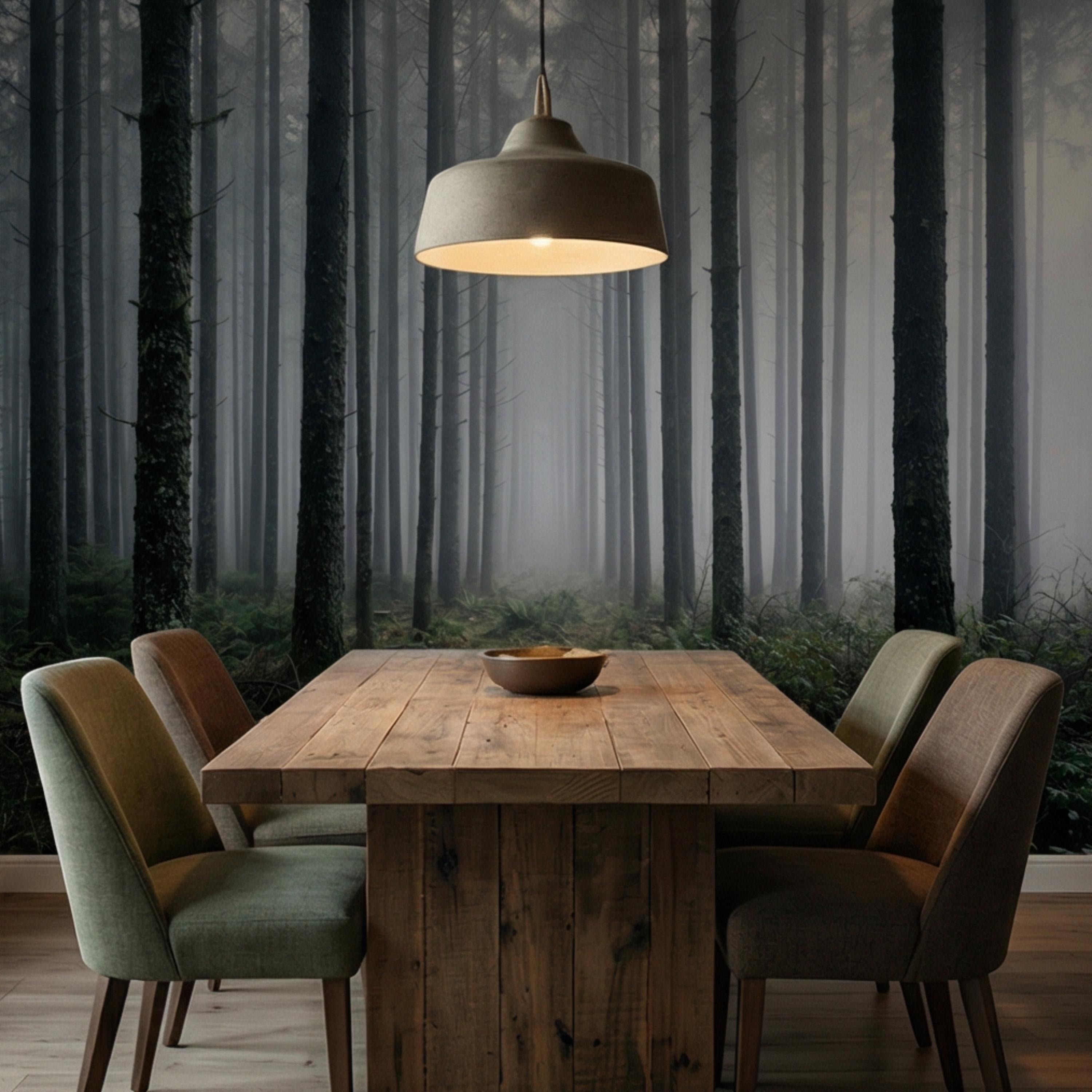 Misty Pine Forest Peel and Stick Wall Mural, Moody Evergreen Woodland Fog Landscape Wallpaper, Dark Nature Statement Wall Decor