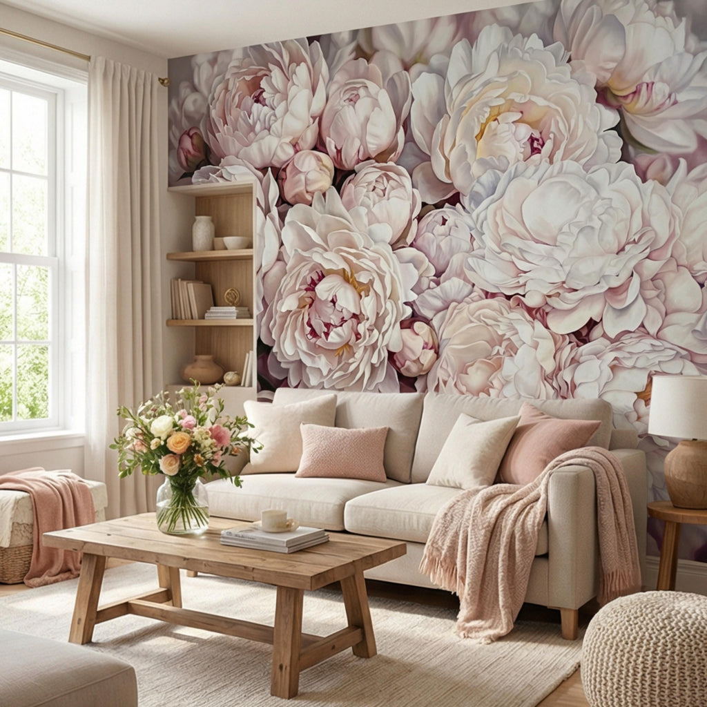 Blush Pink Peony Peel and Stick Wall Mural, Oversized Romantic Floral Wallpaper, Soft Ivory Botanical Statement Wall Decor