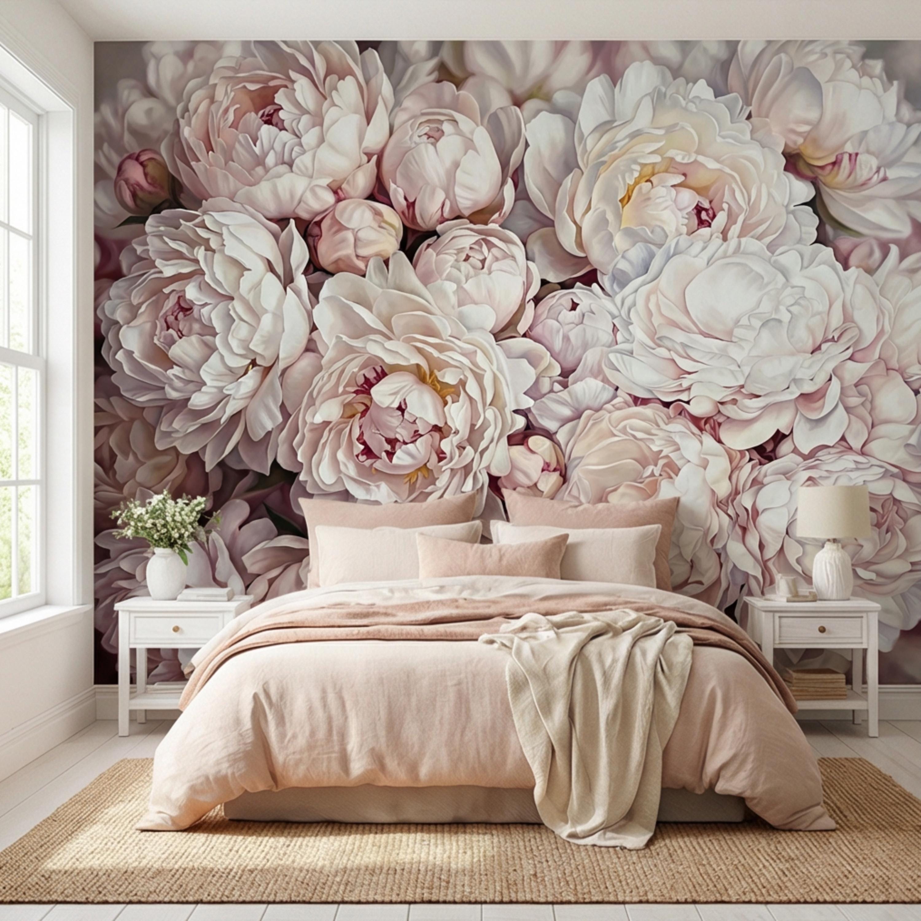 Blush Pink Peony Peel and Stick Wall Mural, Oversized Romantic Floral Wallpaper, Soft Ivory Botanical Statement Wall Decor