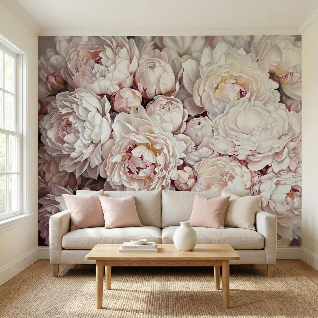 Blush Pink Peony Peel and Stick Wall Mural, Oversized Romantic Floral Wallpaper, Soft Ivory Botanical Statement Wall Decor
