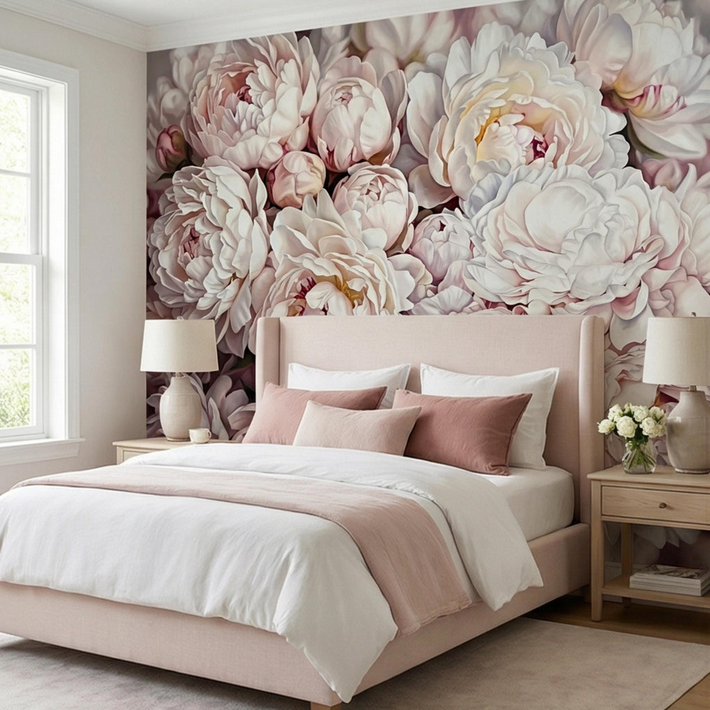 Blush Pink Peony Peel and Stick Wall Mural, Oversized Romantic Floral Wallpaper, Soft Ivory Botanical Statement Wall Decor