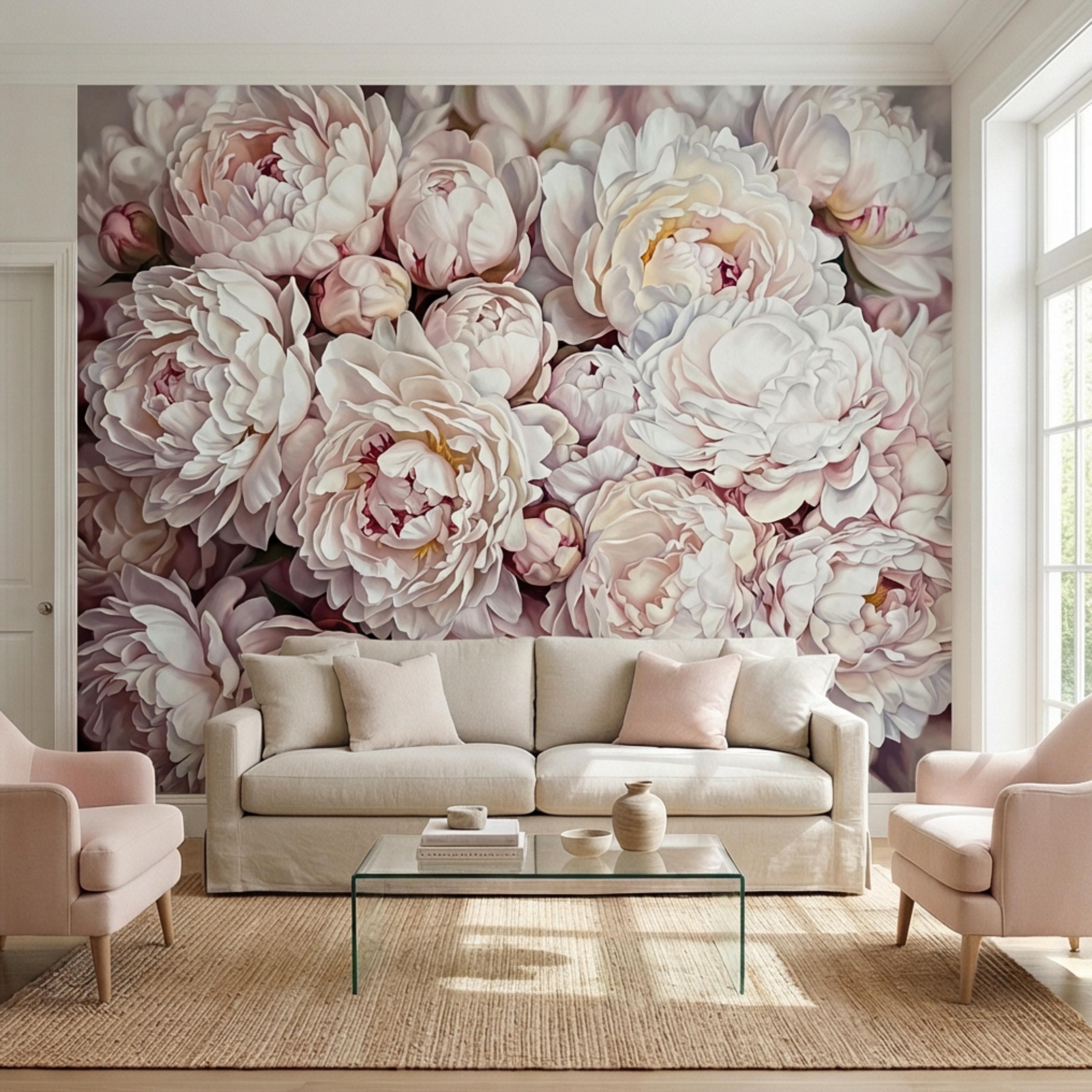 Blush Pink Peony Peel and Stick Wall Mural, Oversized Romantic Floral Wallpaper, Soft Ivory Botanical Statement Wall Decor