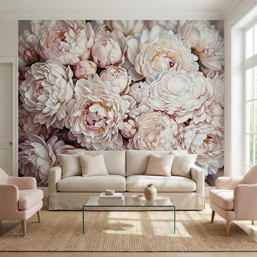 Romantic peony floral wall mural in blush pink, soft ivory, and cream tones