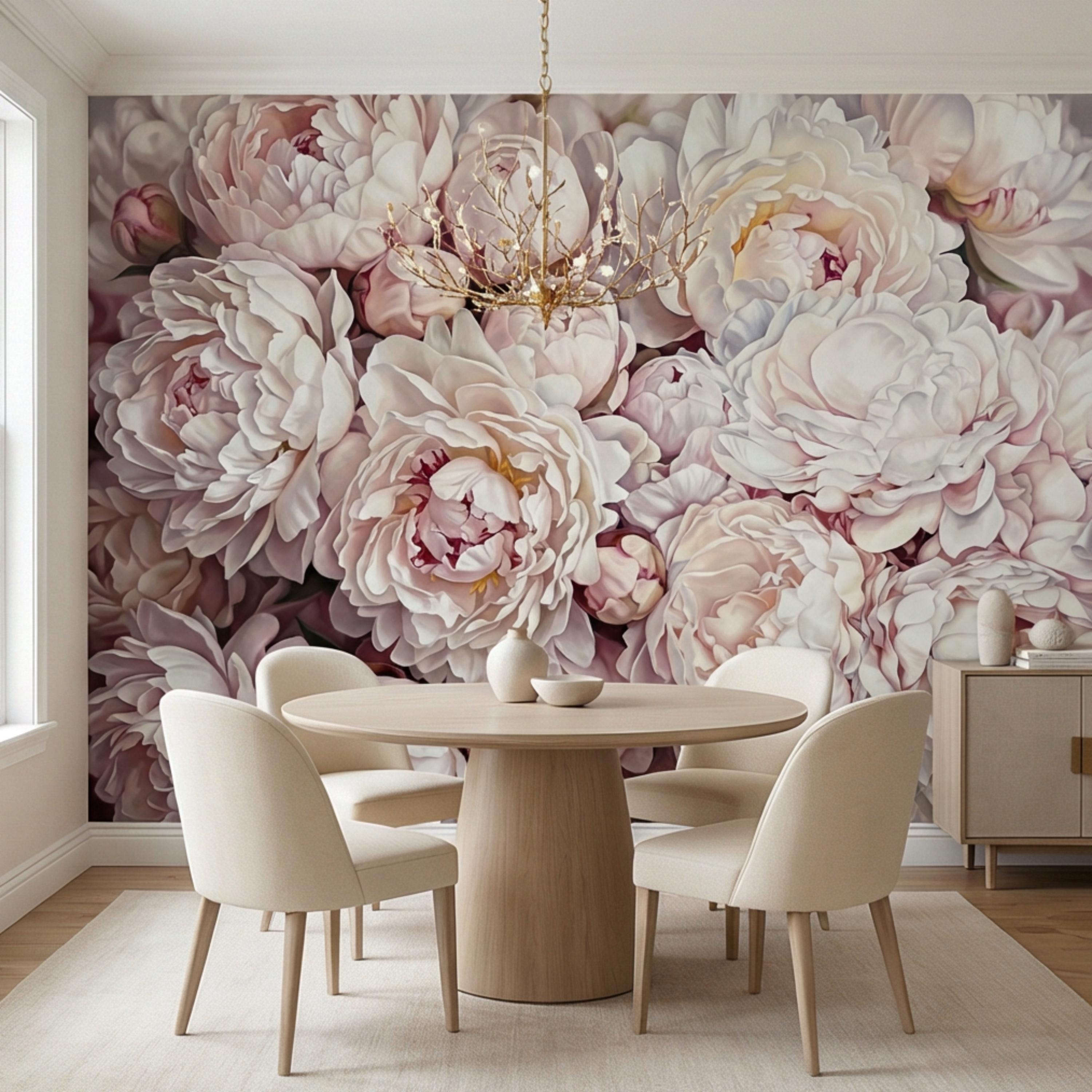 Blush Pink Peony Peel and Stick Wall Mural, Oversized Romantic Floral Wallpaper, Soft Ivory Botanical Statement Wall Decor