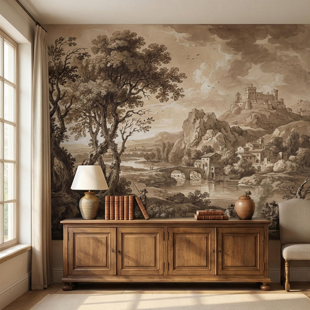 Sepia European Countryside Castle Landscape Peel and Stick Wall Mural, Vintage Old World Rustic Wallpaper