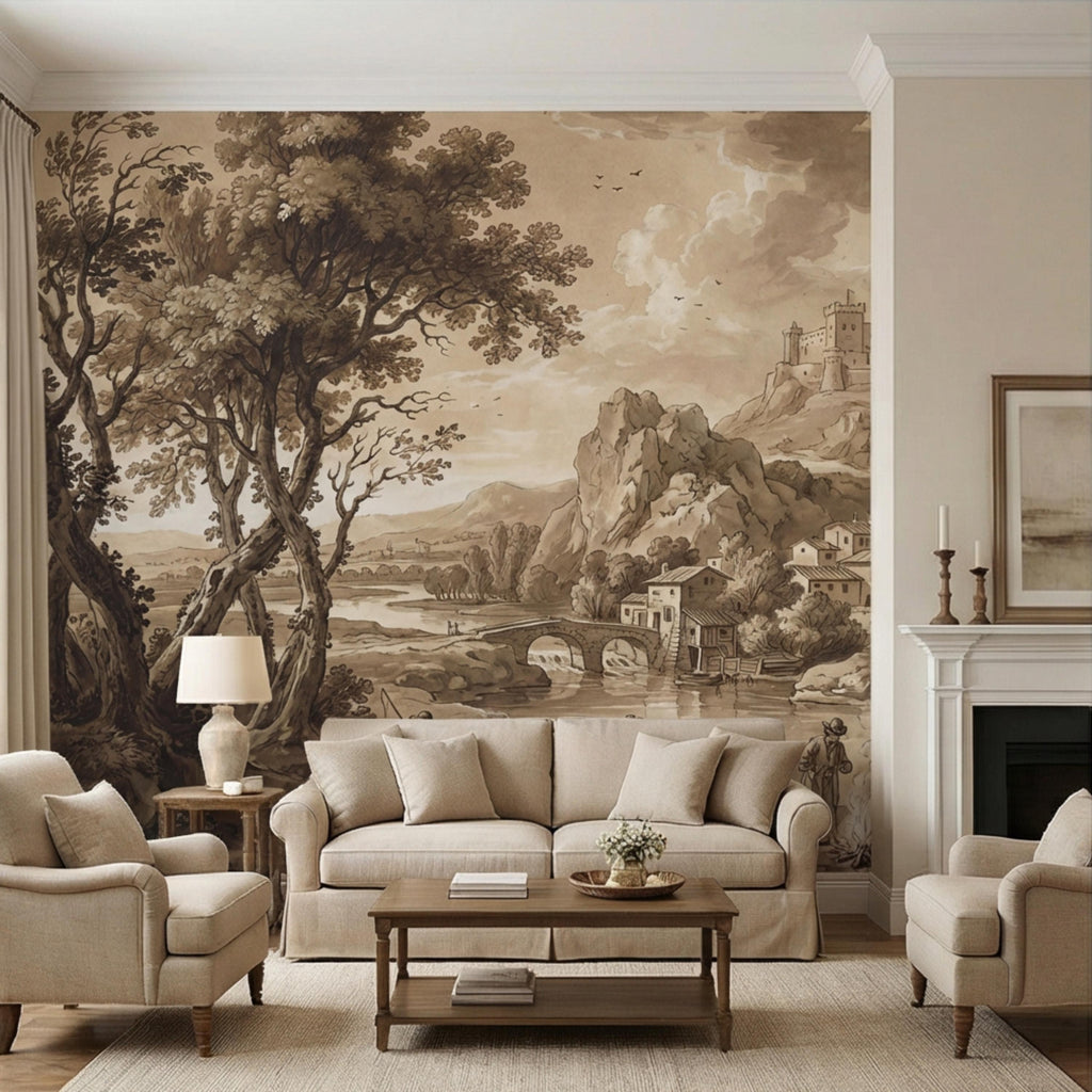 Sepia European Countryside Castle Landscape Peel and Stick Wall Mural, Vintage Old World Rustic Wallpaper