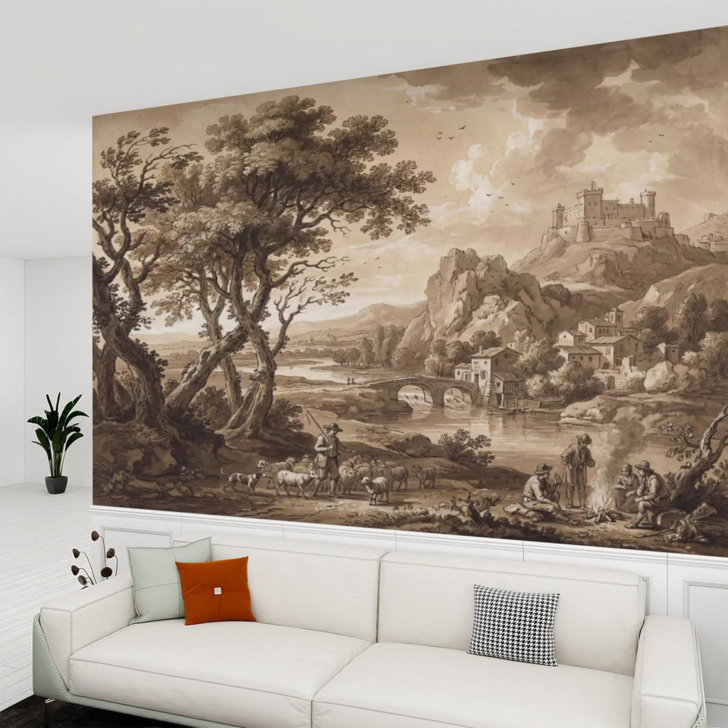 Sepia European Countryside Castle Landscape Peel and Stick Wall Mural, Vintage Old World Rustic Wallpaper