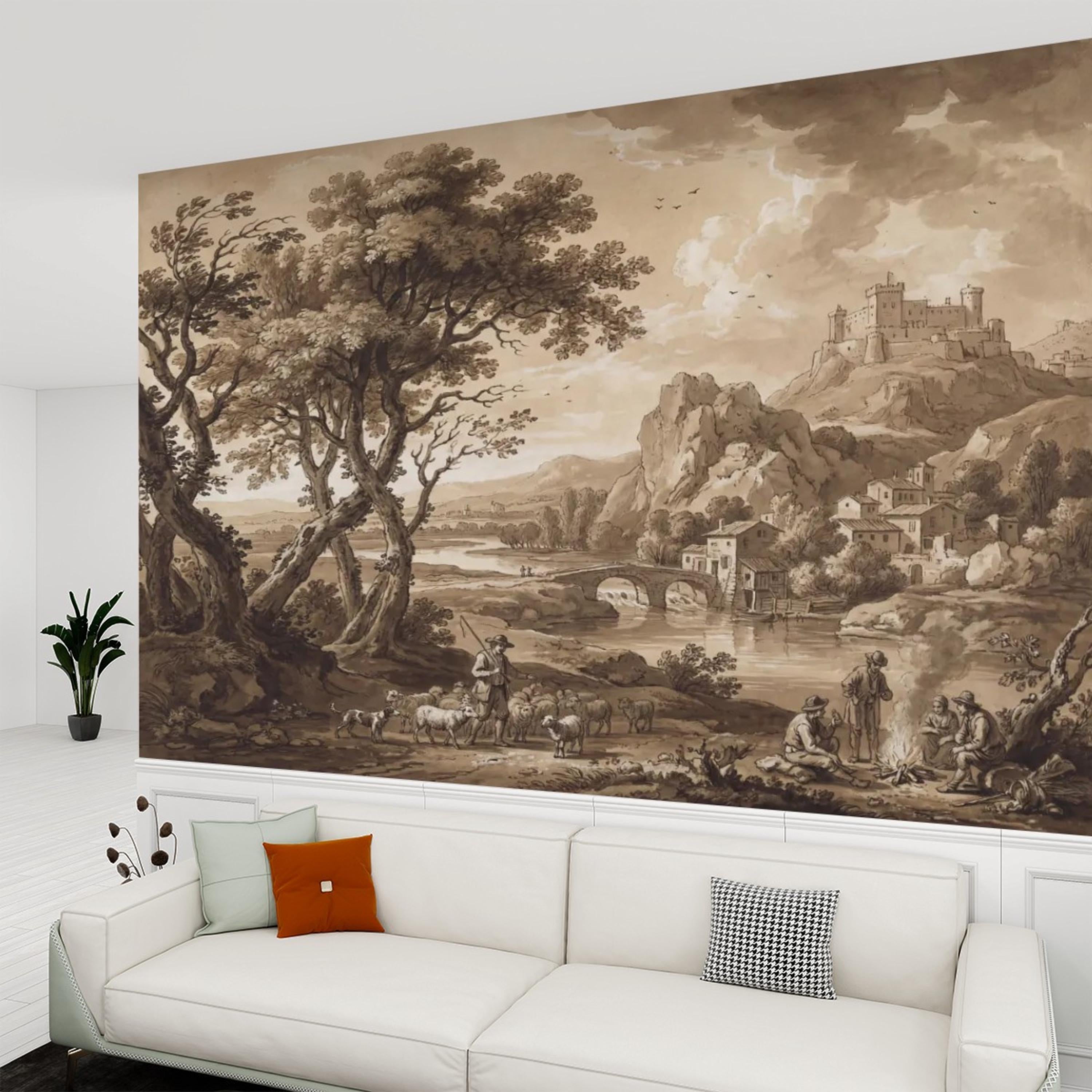 Sepia European Countryside Castle Landscape Peel and Stick Wall Mural, Vintage Old World Rustic Wallpaper