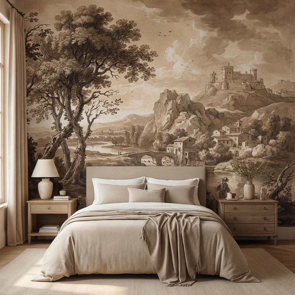 Sepia European Countryside Castle Landscape Peel and Stick Wall Mural, Vintage Old World Rustic Wallpaper