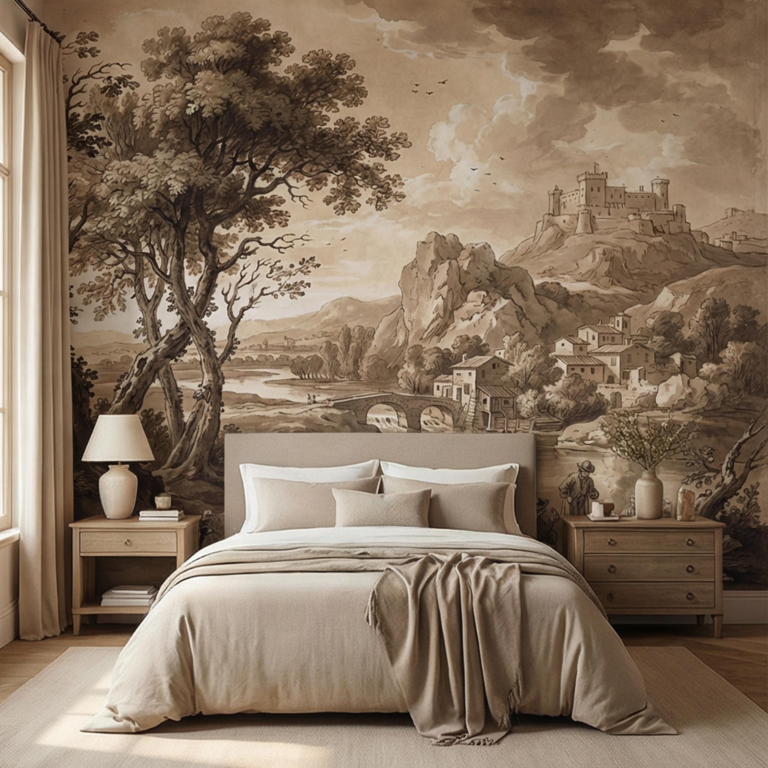 Sepia European Countryside Castle Landscape Peel and Stick Wall Mural, Vintage Old World Rustic Wallpaper