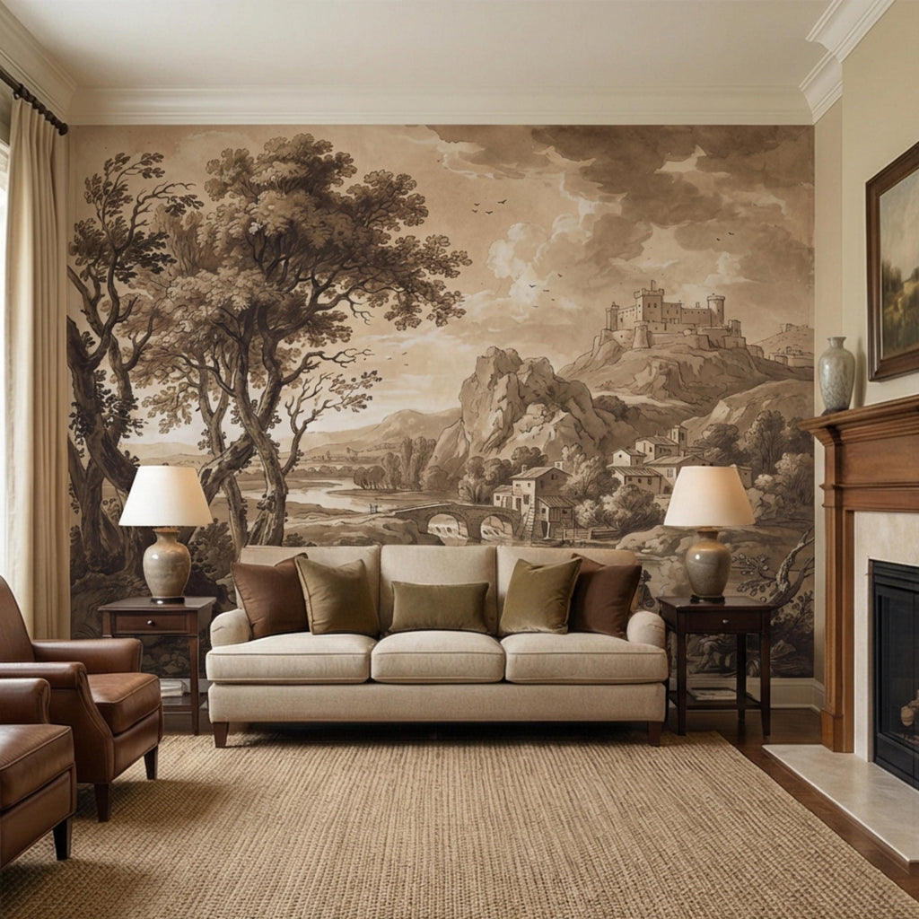 Sepia European Countryside Castle Landscape Peel and Stick Wall Mural, Vintage Old World Rustic Wallpaper
