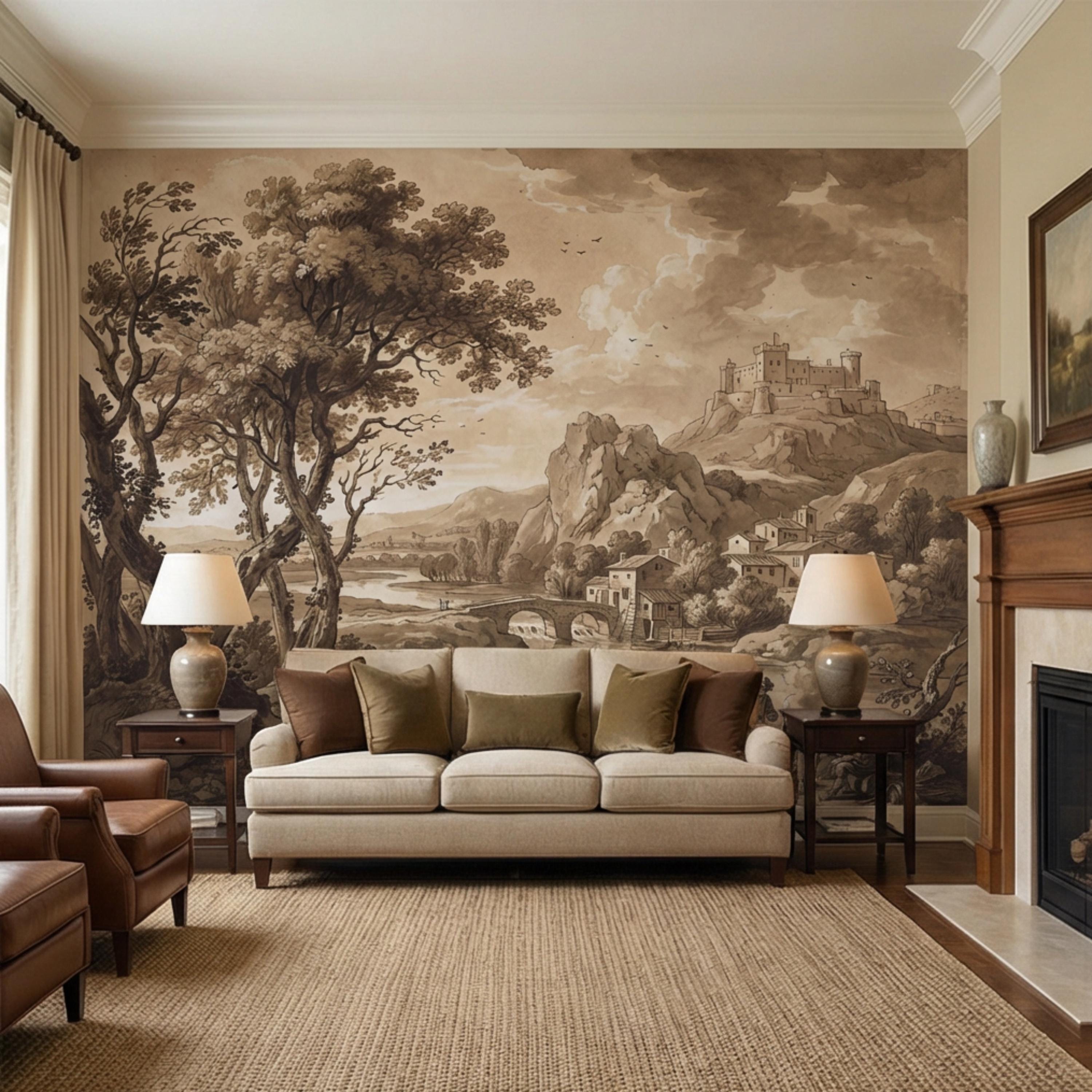Sepia European Countryside Castle Landscape Peel and Stick Wall Mural, Vintage Old World Rustic Wallpaper