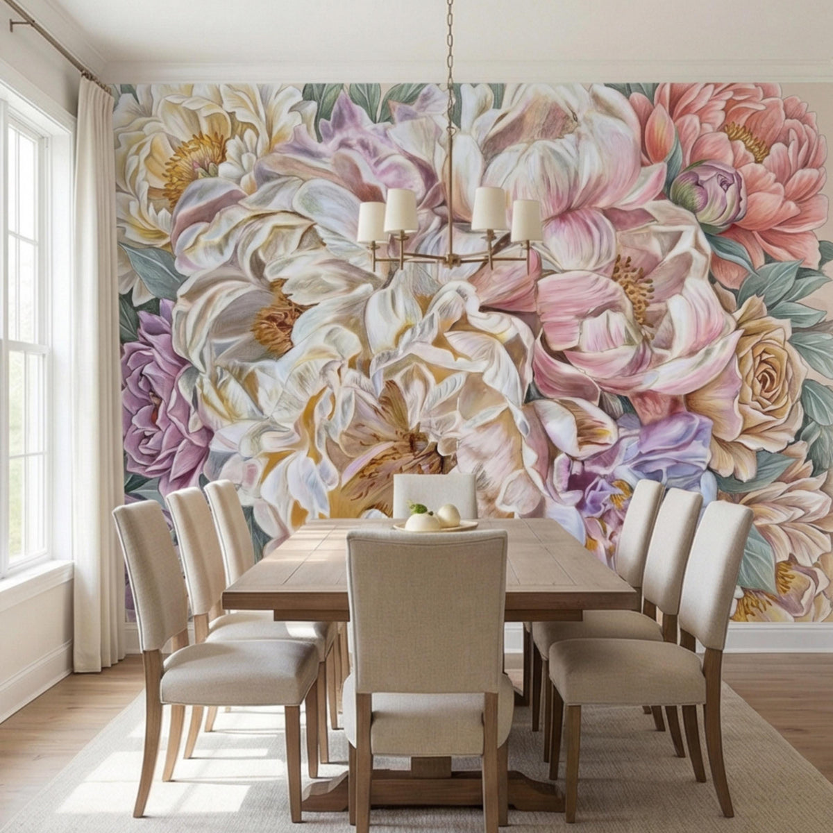 Pastel floral peony wall mural with layered roses and lilies in soft pastel tones