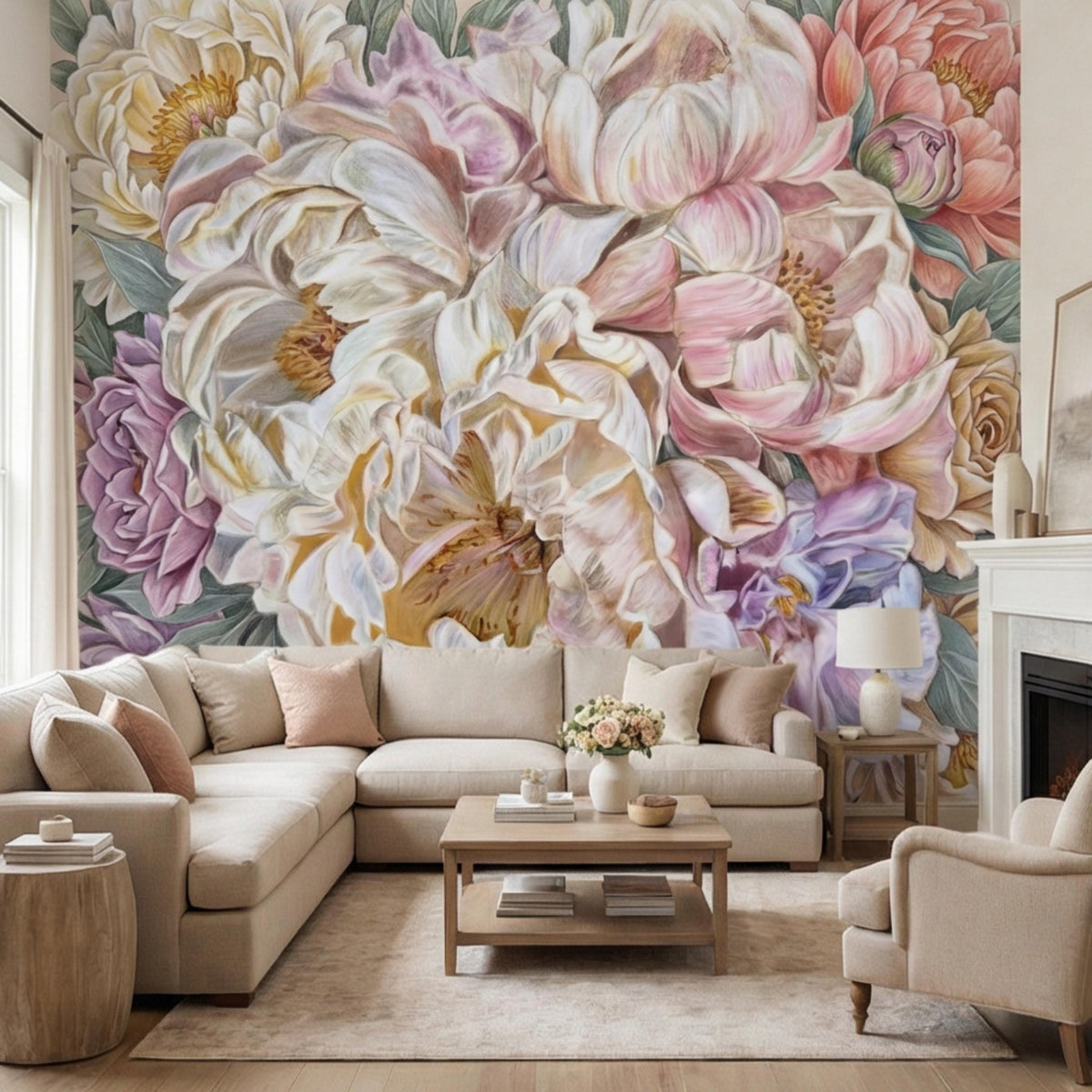 Pastel floral peony wall mural with layered white, pink, and purple blooms
