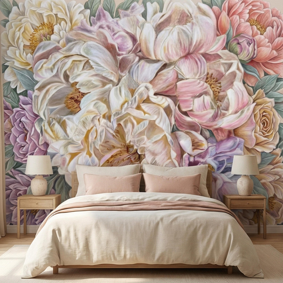 Pastel peony floral wall mural featuring large creamy white and rose blossoms