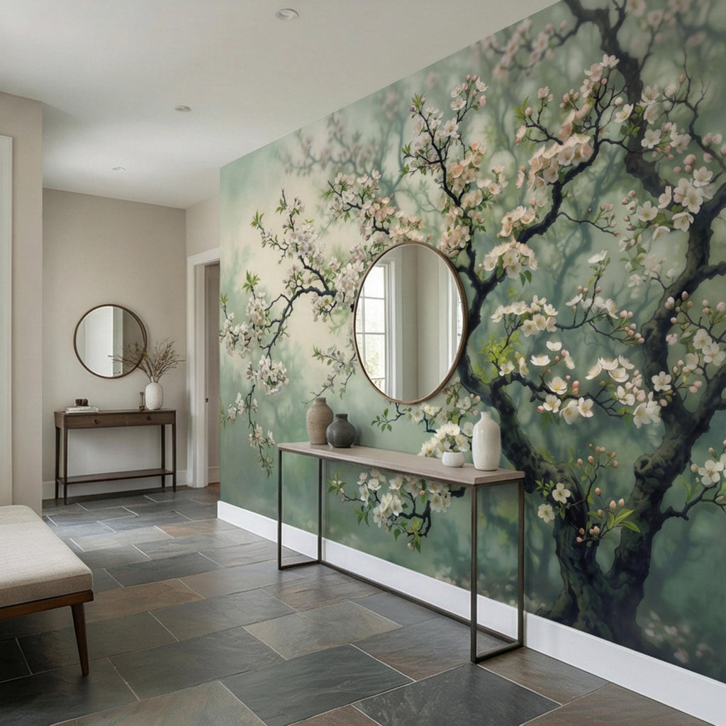 Cherry Blossom Tree Peel and Stick Wall Mural, Moody Sage Green Botanical Wallpaper, Japandi Style Floral Wall Decor