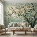 Cherry Blossom Tree Peel and Stick Wall Mural, Moody Sage Green Botanical Wallpaper, Japandi Style Floral Wall Decor
