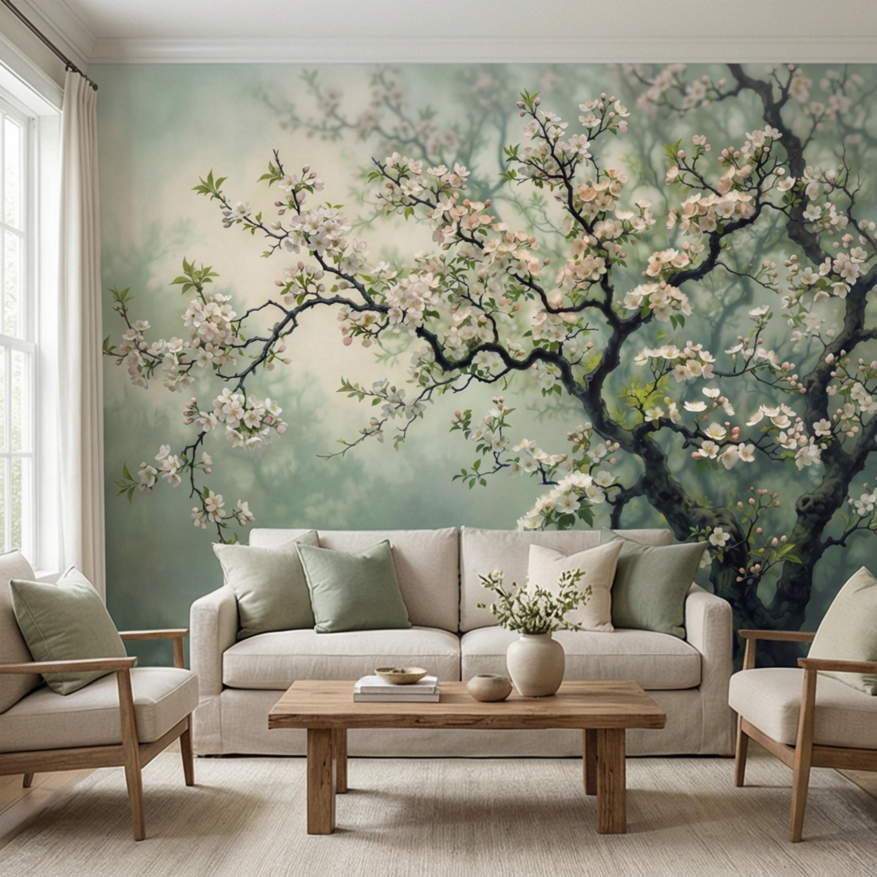 Cherry Blossom Tree Peel and Stick Wall Mural, Moody Sage Green Botanical Wallpaper, Japandi Style Floral Wall Decor
