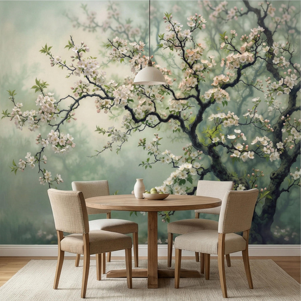 Cherry Blossom Tree Peel and Stick Wall Mural, Moody Sage Green Botanical Wallpaper, Japandi Style Floral Wall Decor