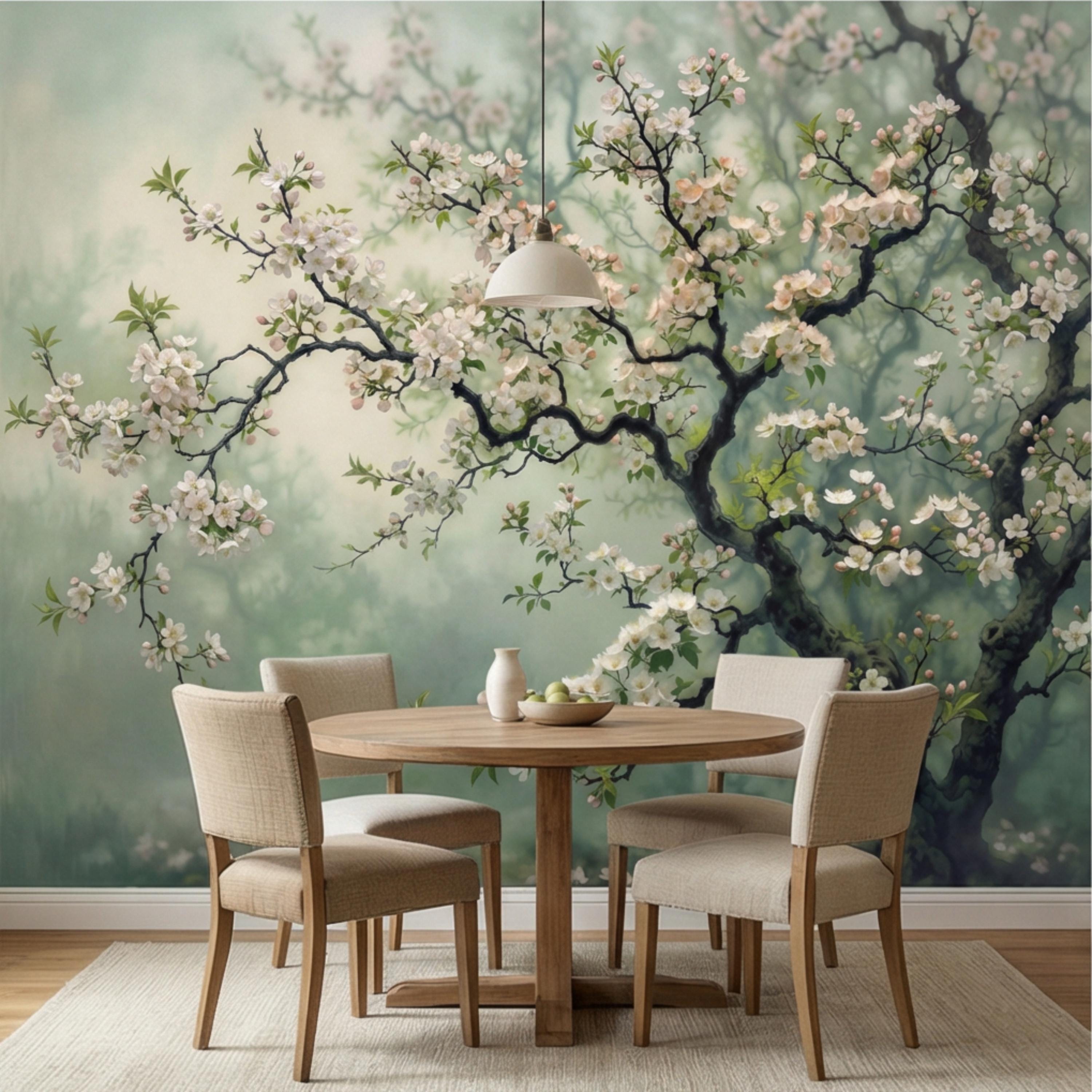 Cherry Blossom Tree Peel and Stick Wall Mural, Moody Sage Green Botanical Wallpaper, Japandi Style Floral Wall Decor