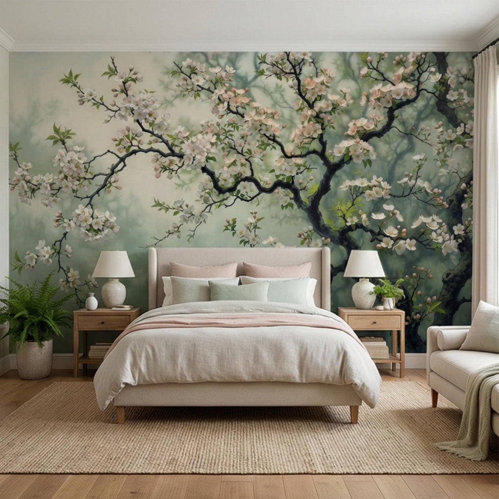Cherry Blossom Tree Peel and Stick Wall Mural, Moody Sage Green Botanical Wallpaper, Japandi Style Floral Wall Decor