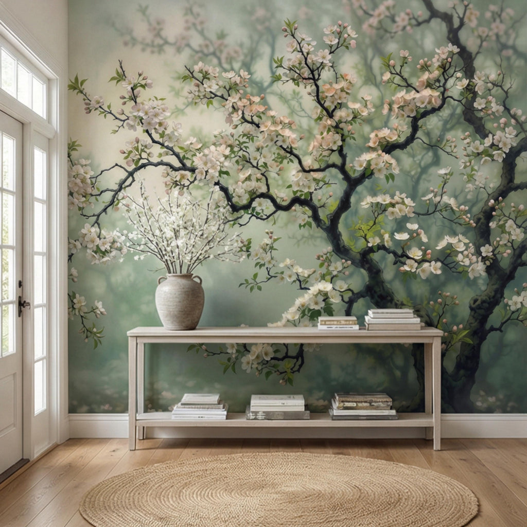 Cherry Blossom Tree Peel and Stick Wall Mural, Moody Sage Green Botanical Wallpaper, Japandi Style Floral Wall Decor