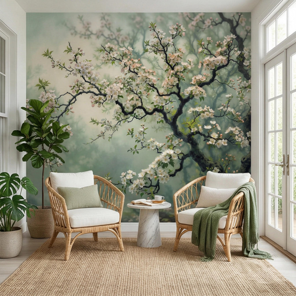 Cherry Blossom Tree Peel and Stick Wall Mural, Moody Sage Green Botanical Wallpaper, Japandi Style Floral Wall Decor