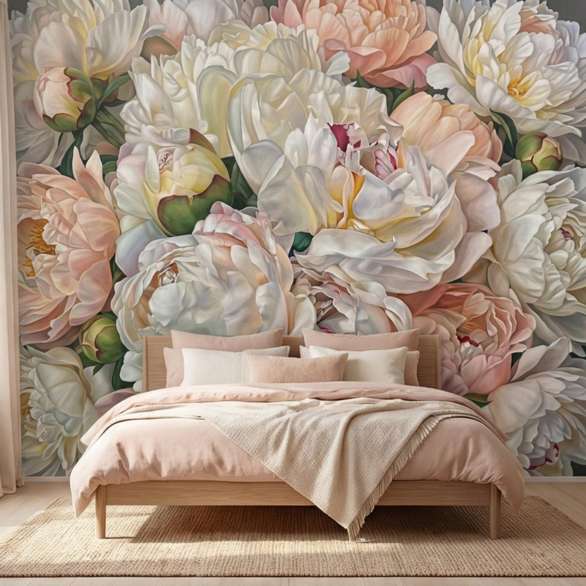 Large floral peony wall mural with blush pink and white blooms, vintage style