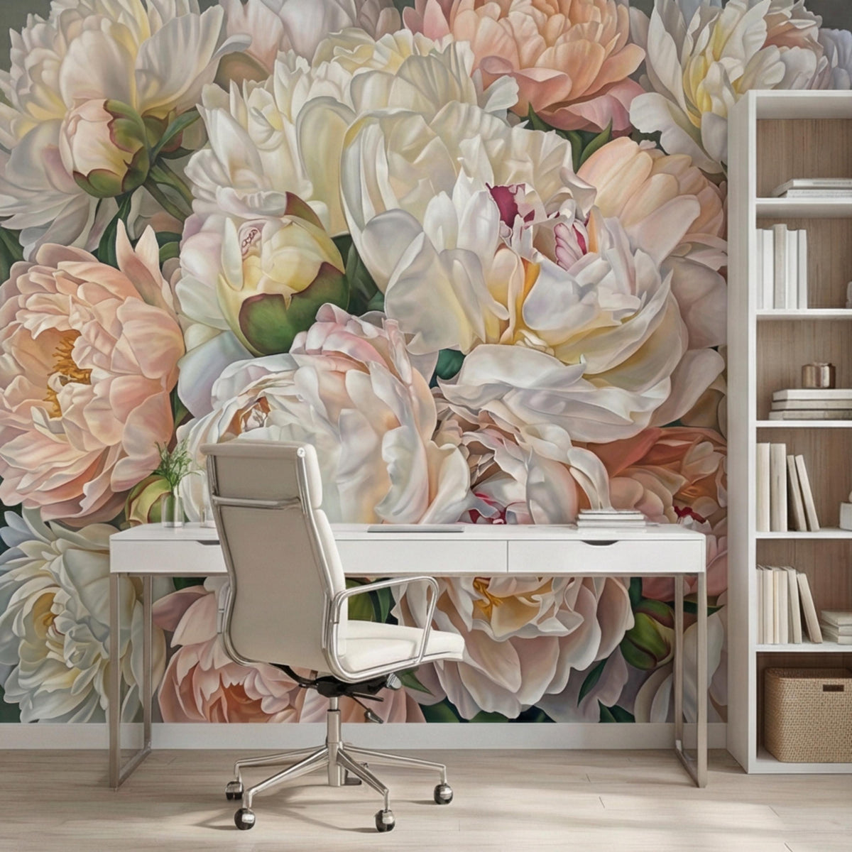 Large peony floral wall mural with layered white and blush flower clusters