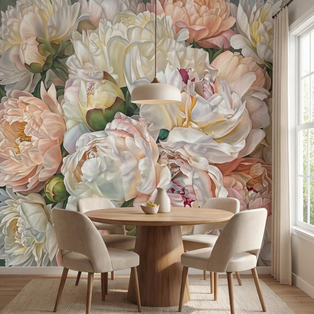Floral peony wall mural with white and blush blossoms and soft vintage tones