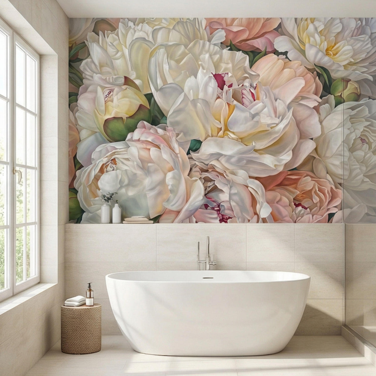 Peony floral wall mural with cream, blush pink, and pale yellow flower clusters